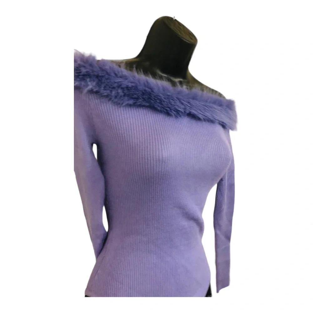 Purple faux‎ fur trim off the shoulder ribbed sweater knit bodysuit size large - Picture 11 of 17